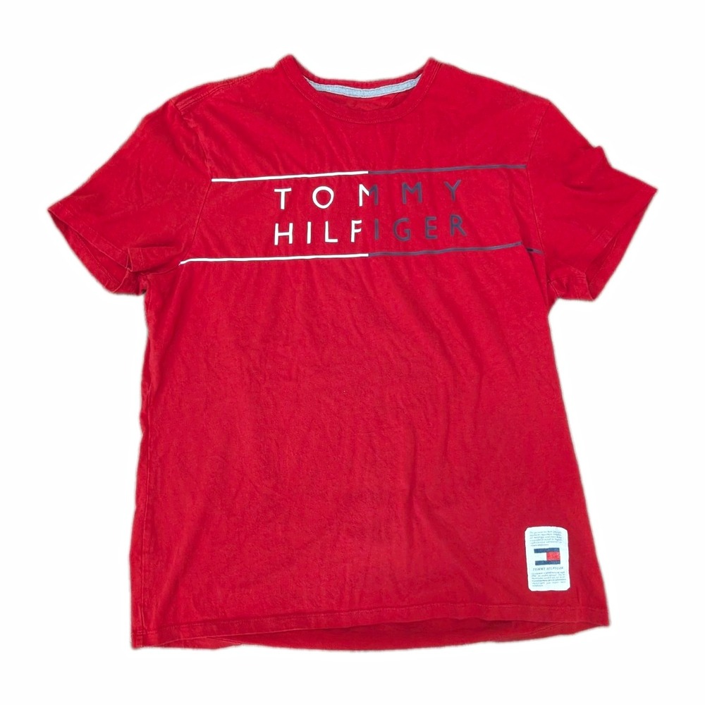 Tommy Hilfiger Men's M Red Logo Graphic T Shirt Flag Patch Short Sleeve